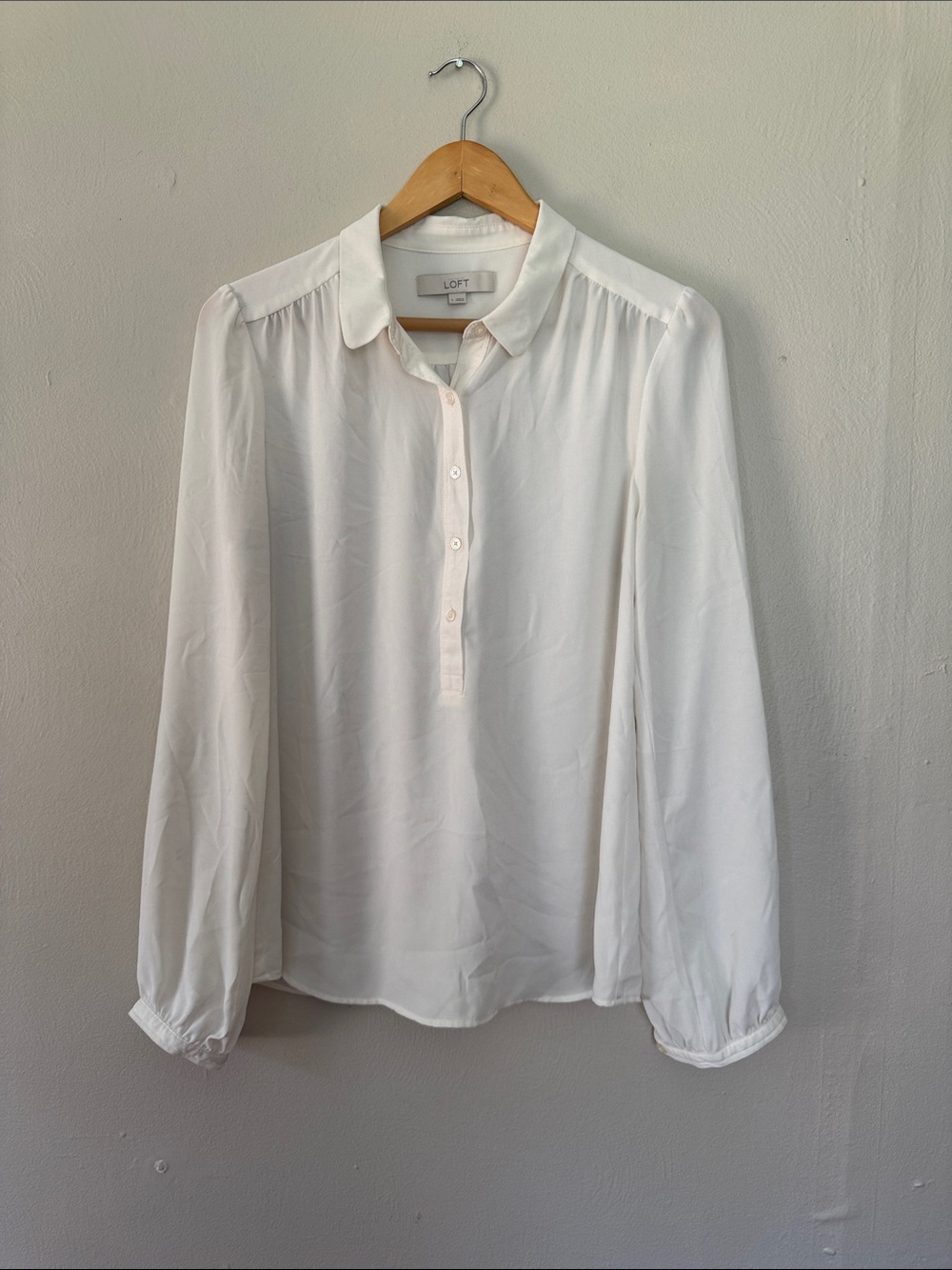 LOFT White Long-Sleeve Button Henley Blouse